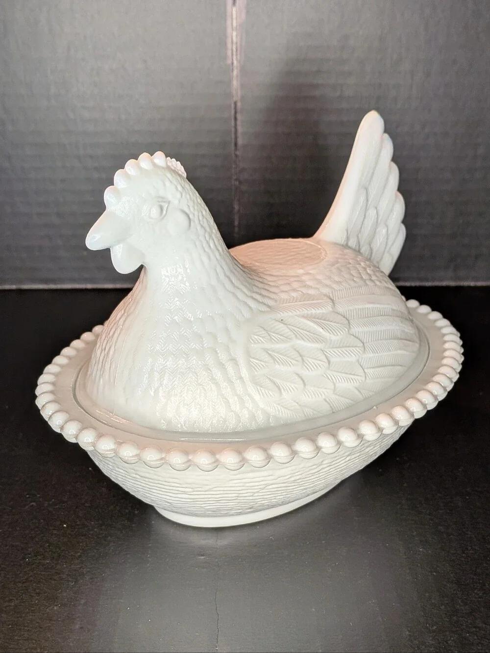 Vintage Indiana White Milk Glass Hen on Nest Covered Dish Beaded Edge Glossy